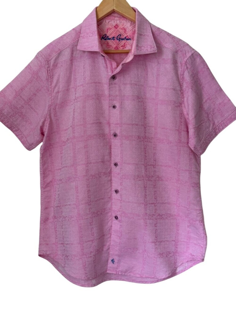 Robert Grahm Morley Linen Cotton Jacquard Button Up Shirt Classic Fit Pink Large